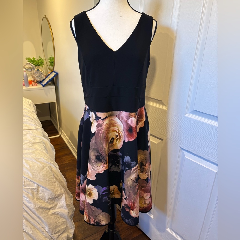Joseph Ribkoff Floral Fit & Flare Dress Size 12 Black Sleeveless V Neck